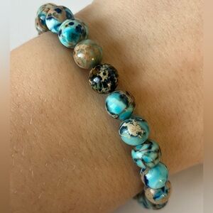 Blue Sea Sediment Jasper Beaded Stretch Bracelet 7in